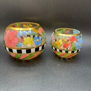 MacKenzie Childs Glass Globe Vases Flower Market Floral Hand Painted Decorative